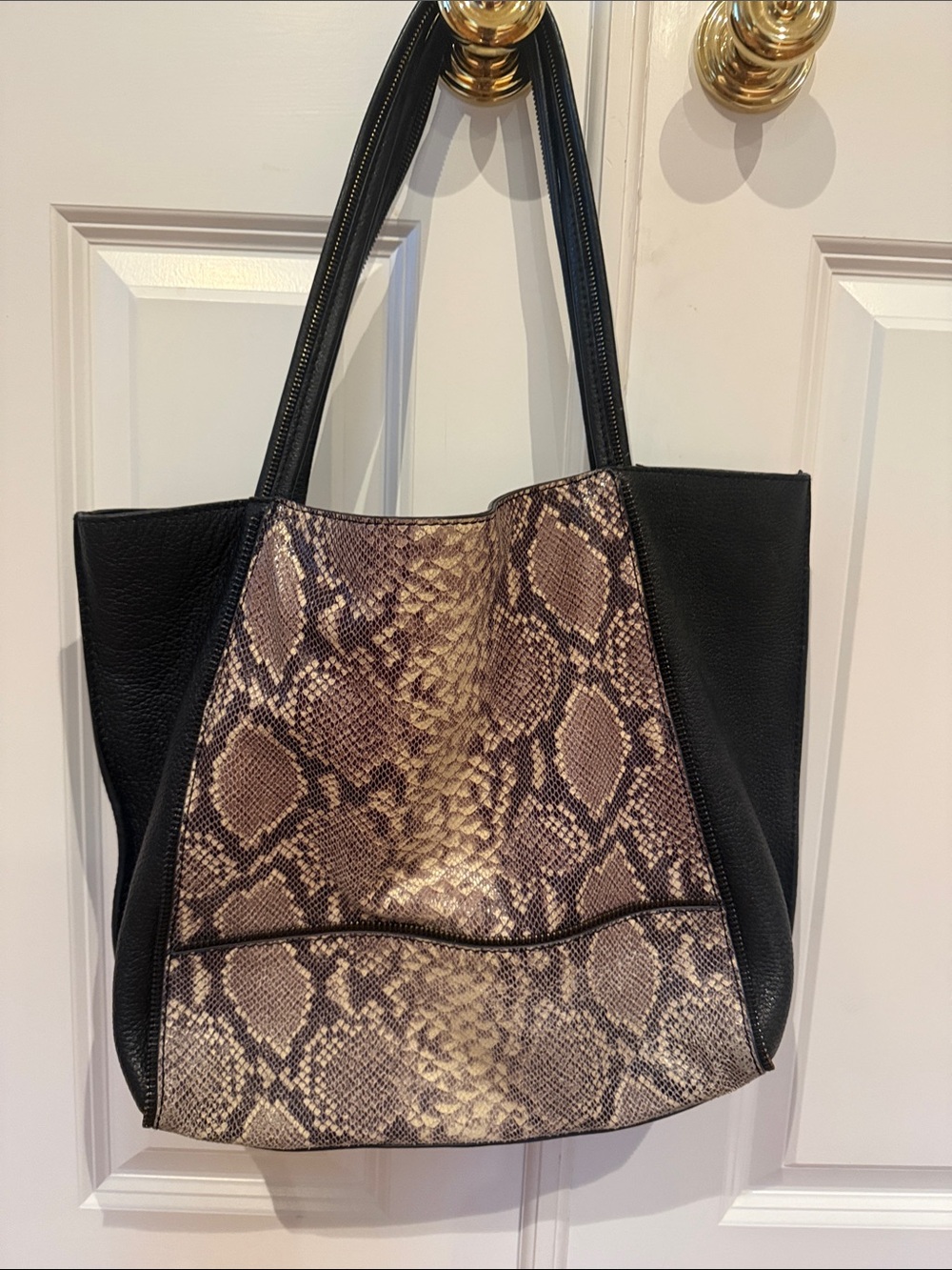 Botkier Black Tote with Snake-Print Center Panel